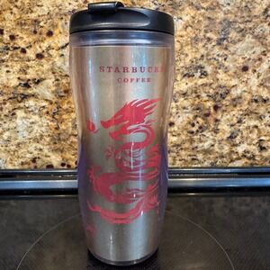 Starbucks Coffee 2004 Red Dragon Metallic Gold Travel Tumbler 12oz Purple Shell